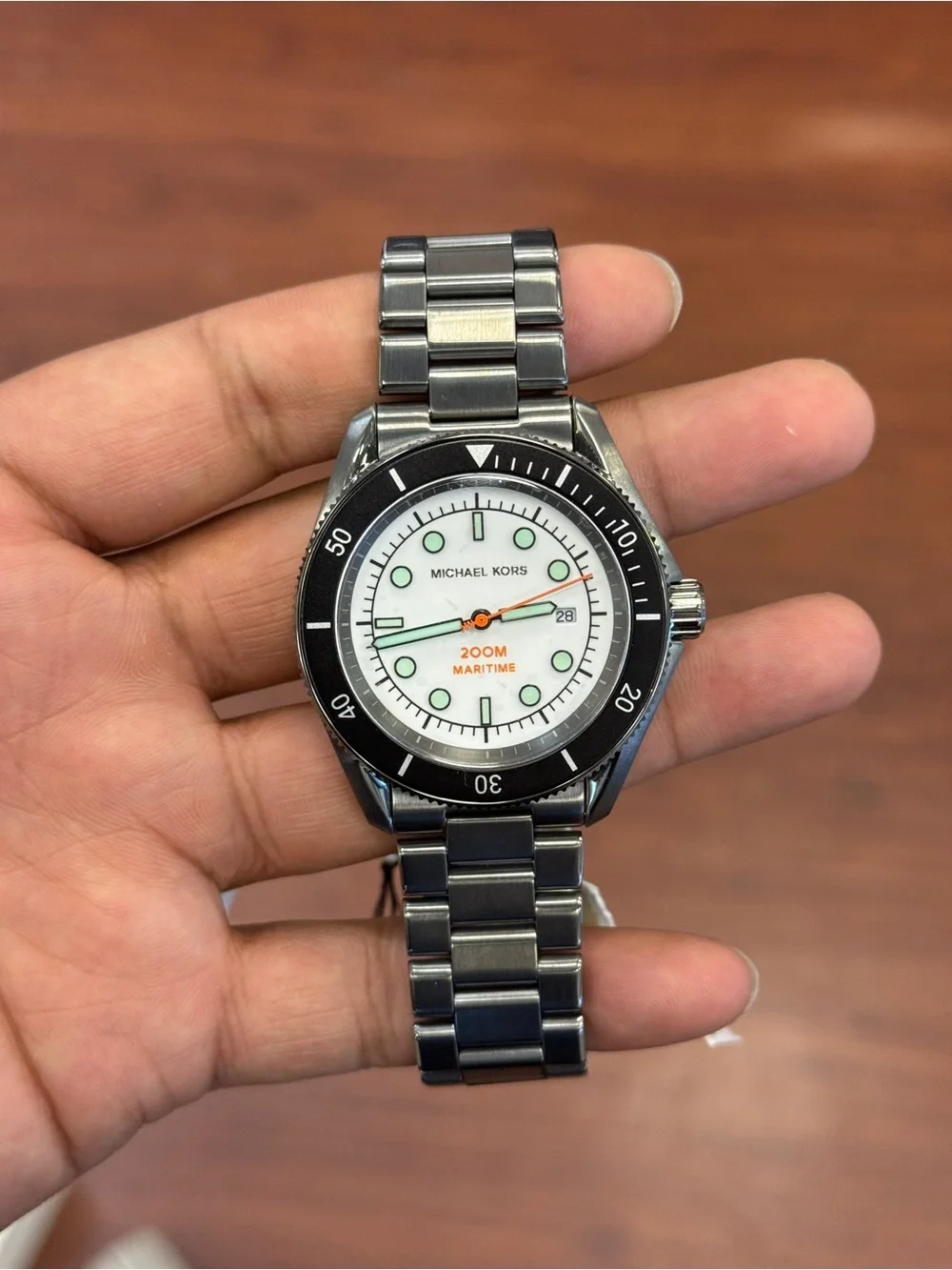 Michael Kors Silver Stainless Steel Watch with Black Bezel and White Dial men’s